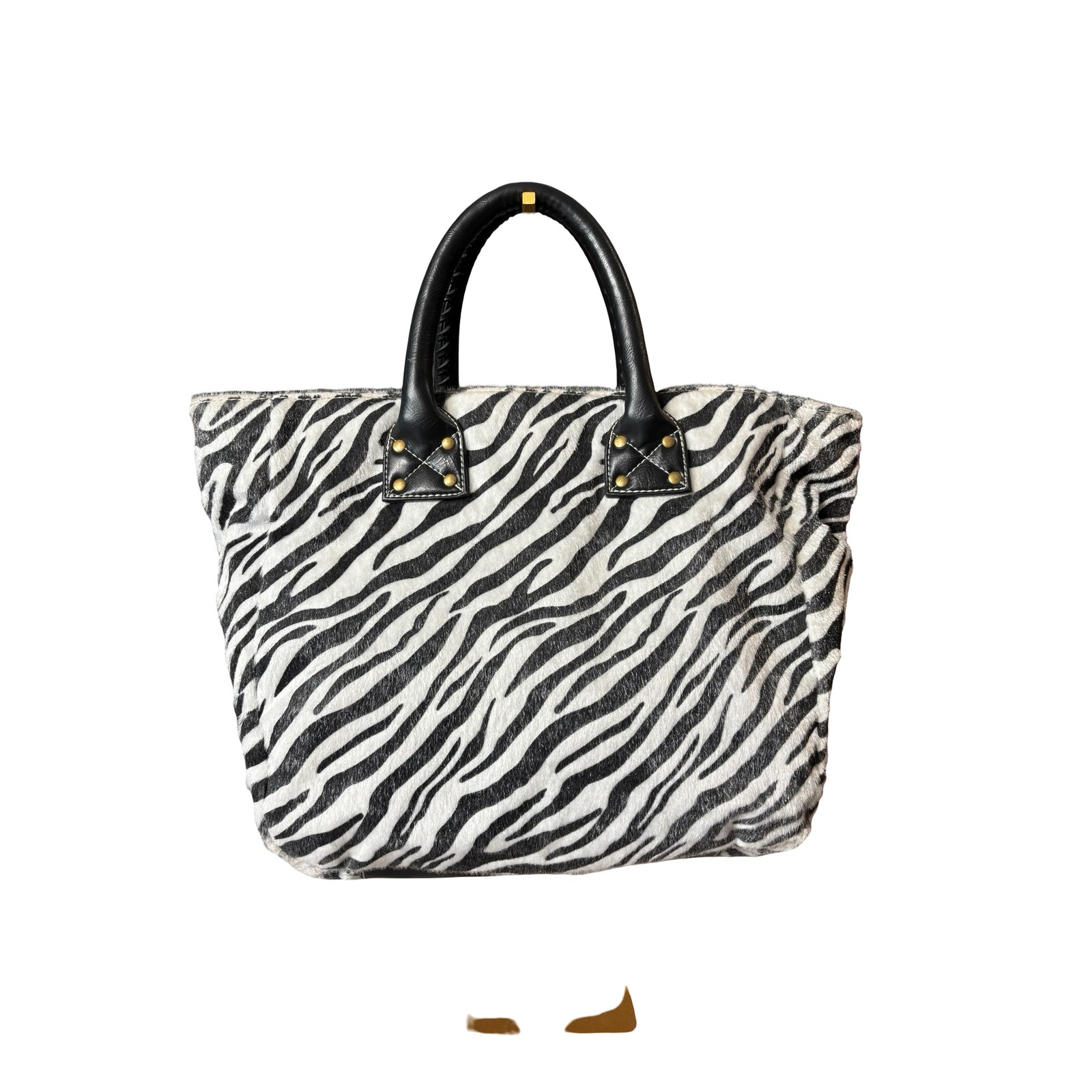 Y2k Zebra Print Faux Fur Tote Bag Large Black White Whipstitch Handle